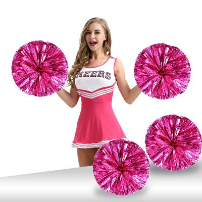 Ueerdand Pack of 4 Cheerleading Pom Poms Foil Plastic Metallic Cheerleader Pom Poms for Cheer Sport Kids Adults Team Spirit Cheering (Rose Red)