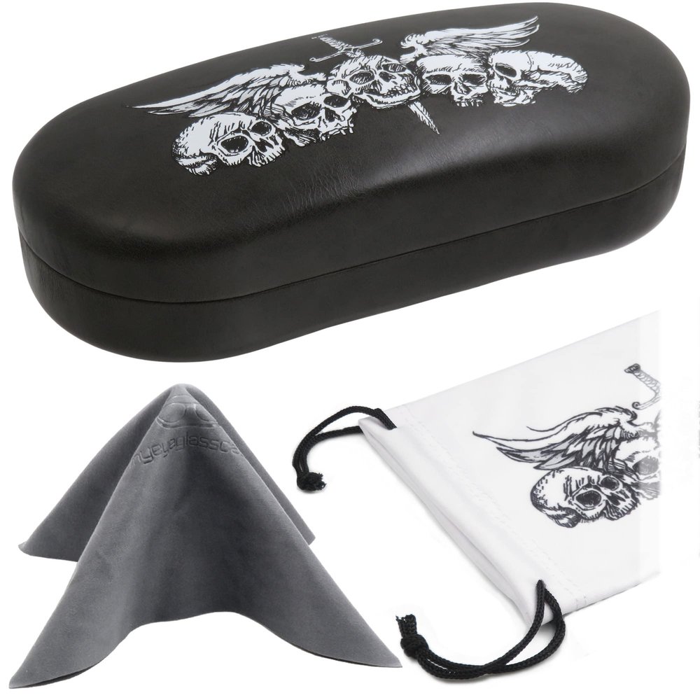MyEyeglassCase - Men Sunglasses Case in Skulls Print - Glasses Case Holder in Elegant Distressed Grey - Eyeglasses Case Hard Shell with Microfiber Pouch & Cloth for Men and Women (AS87 Skulls)