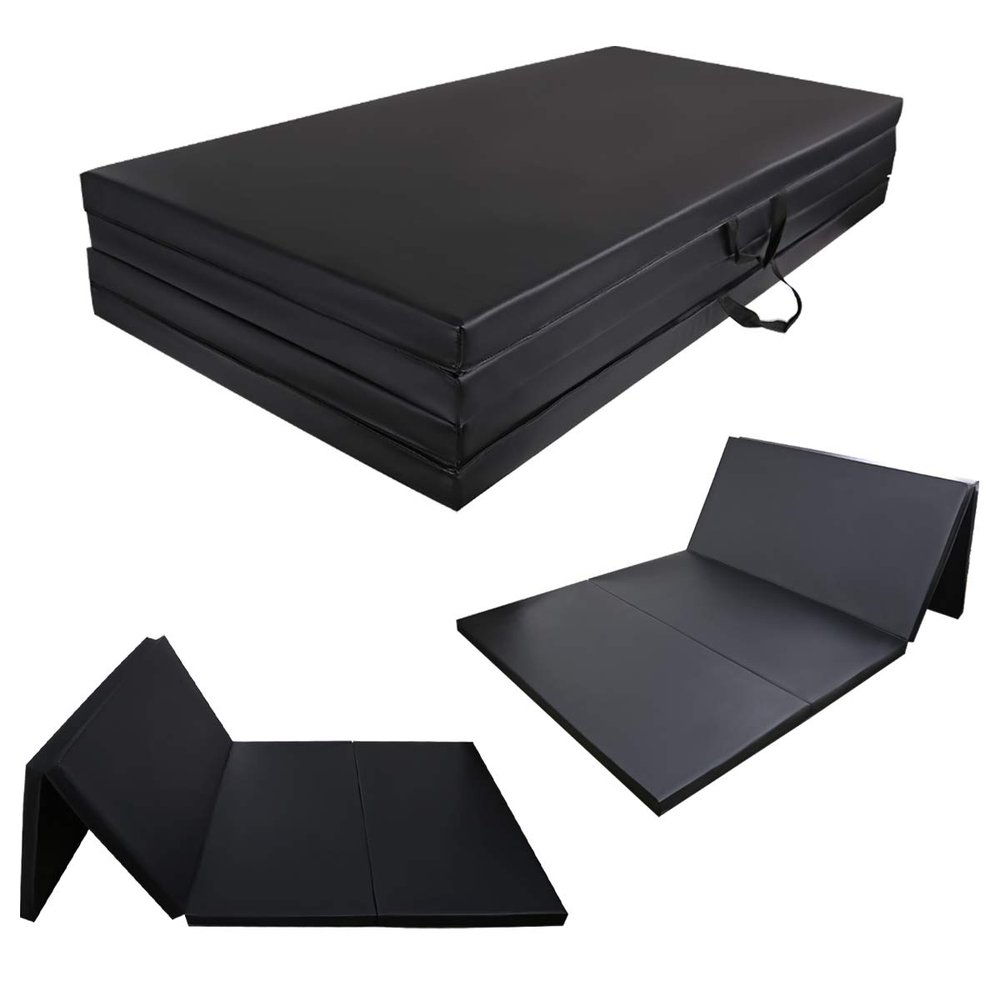 Geniqua Gymnastics Mat Folding Fitness Yoga Stretching Workout Exercise Portable Carrying Tumble Mat Black