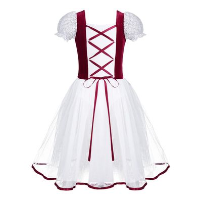 Freebily Kids Girls Romantic Ballet Dance Tutu Dress Costume Lacework Velvet Long Ballerina Skating Dress Summer Dress Burgundy 5-6
