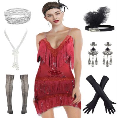1920s Gatsby Plus Long Sleeve Cocktail Flapper Dress w/ 20s Accessories Set (Plus 3XL, Red)