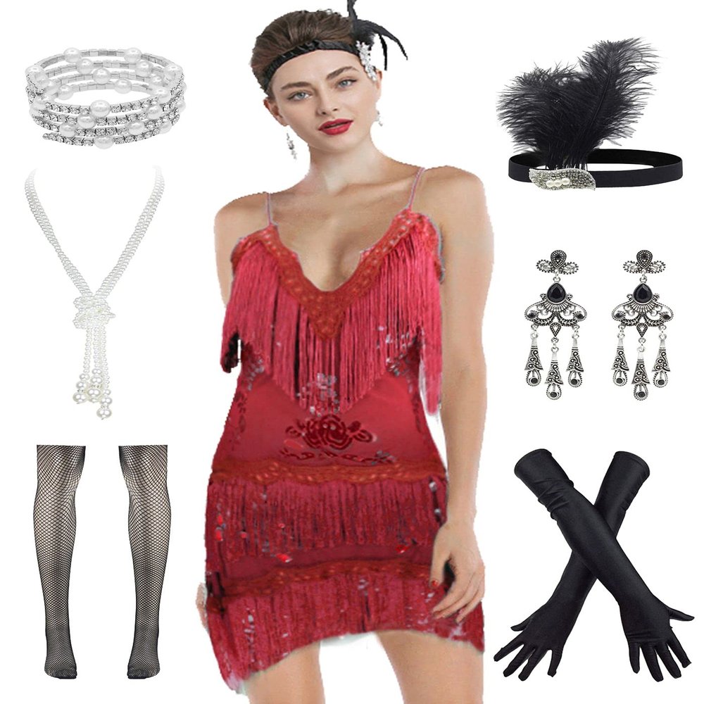 1920s Gatsby Plus Long Sleeve Cocktail Flapper Dress w/ 20s Accessories Set (Plus 3XL, Red)