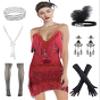 1920s Gatsby Plus Long Sleeve Cocktail Flapper Dress w/ 20s Accessories Set (Plus 3XL, Red)