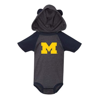 UGP Campus Apparel Michigan Wolverines Primary Logo Hooded Bear Ears Creeper Bodysuit - Newborn - Vintage Navy