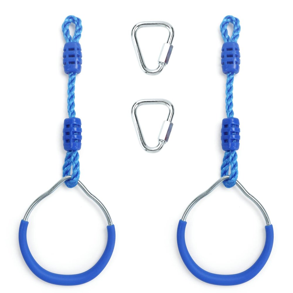 Ninja Ring Backyard Gymnastic Fitness Fist Outdoor Jungle Gym Play Set Playground Training Equipment, 2 Blue Swing Monkey Bar Hang Climbing Ring Warrior Obstacle Course Trapeze Slackline Attachments