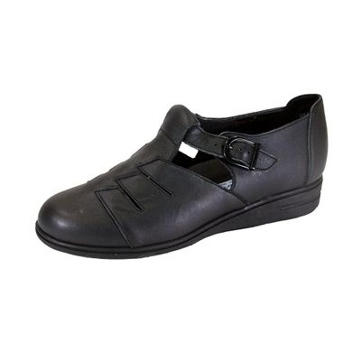 24 Hour Comfort Mara (1830) Women's Wide Width Casual T-Strap Leather Shoes Black 5