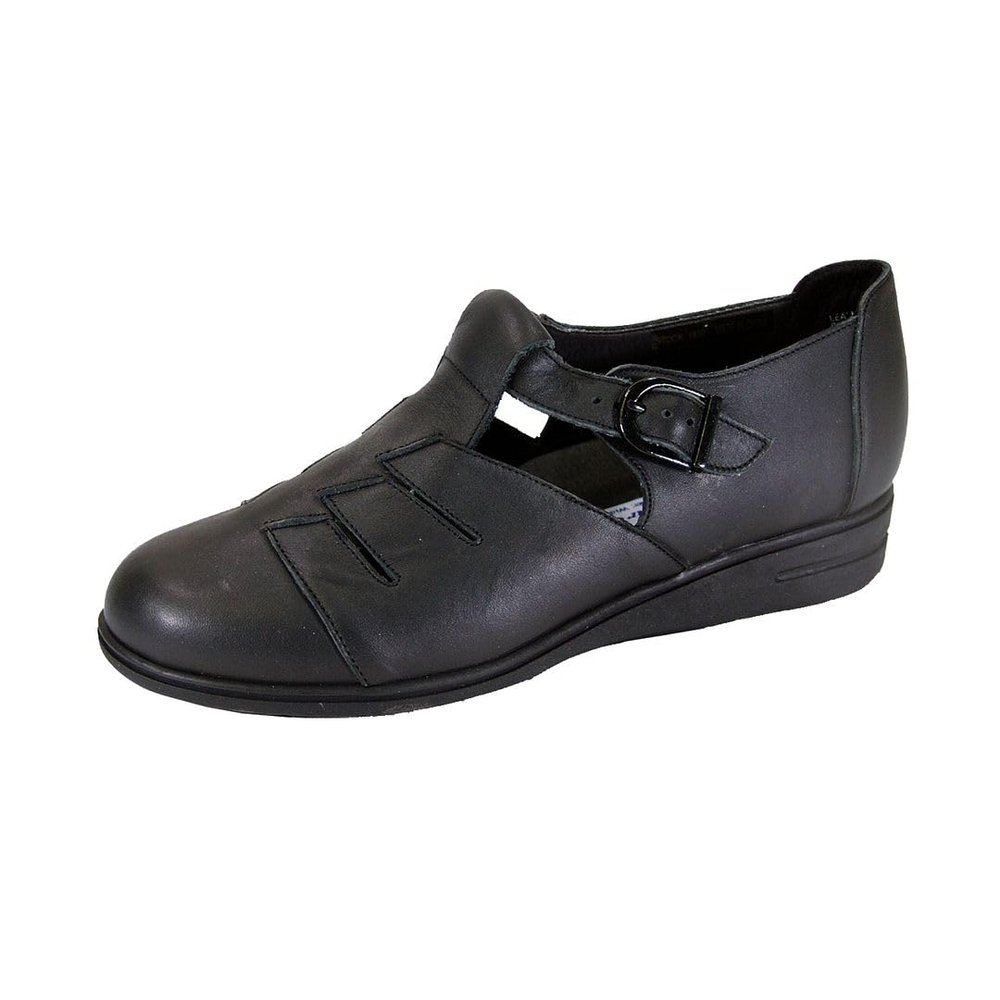 24 Hour Comfort Mara (1830) Women's Wide Width Casual T-Strap Leather Shoes Black 5
