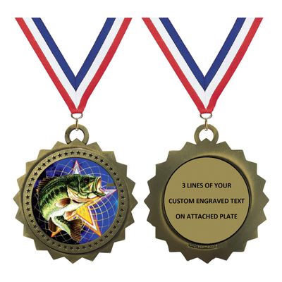 Fishing Gold Large 3 Inch Engraved Medals Trophy Award Personalized Free D03-FCL470 1PK