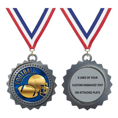 Custom Engraved 3 inch Metal Football Award Medals with Silver Finish and Attached 2 Inch Full Color Sport Insert. EG28 (Pack of 1)