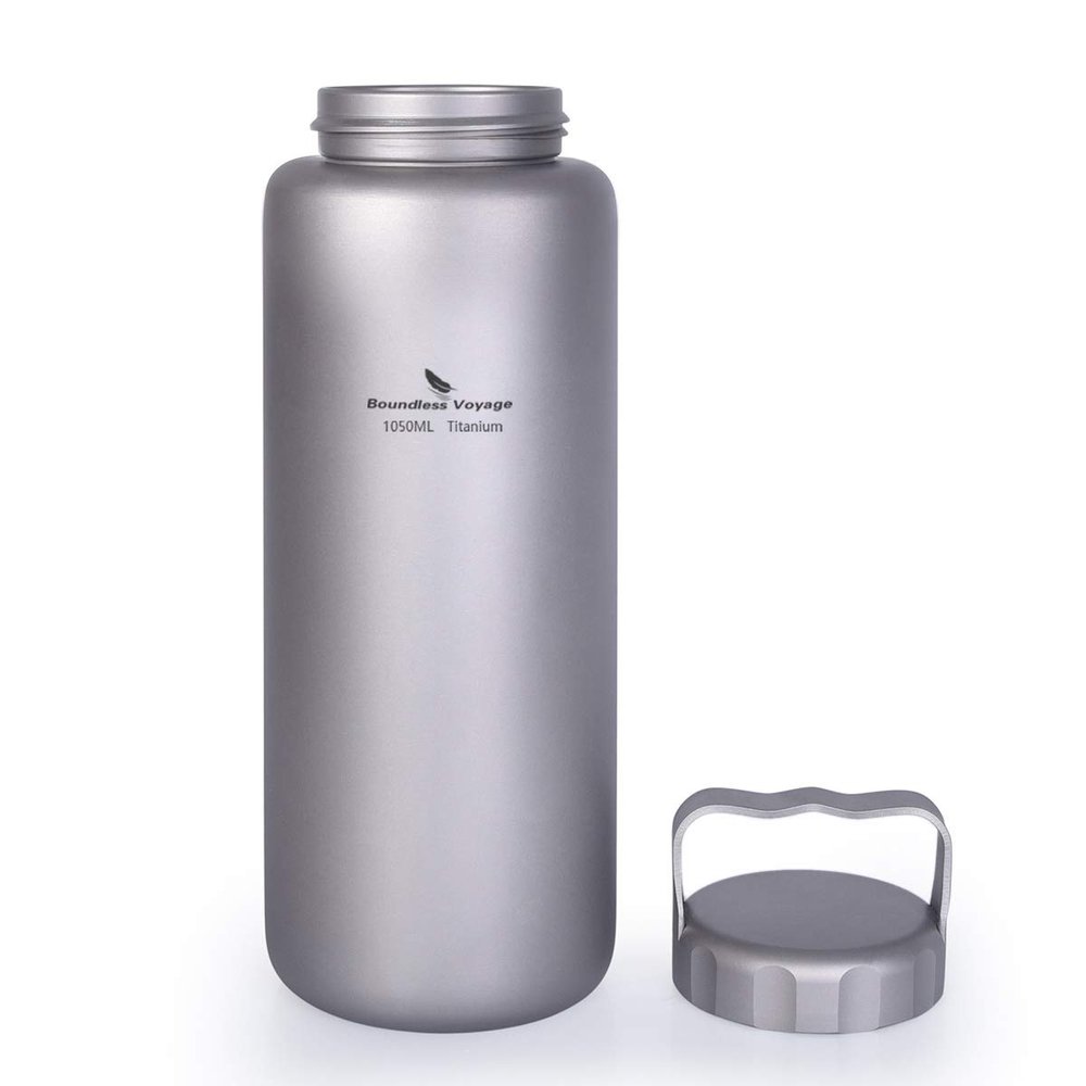 iBasingo 1050ml/35.5 oz Titanium Water Bottle with Handle Outdoor Leak-Proof Wide Mouth Sport Drinking Bottle Camping Tea Coffee Canteen Kettle for Hiking Climbing Running A-Ti3006D