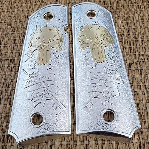 1911 Grips Nickel Plated Full Size Punisher Ambi Safety Cut Grips