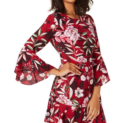 bar III Printed Bell-Sleeve Dress (Dark Red, 8)