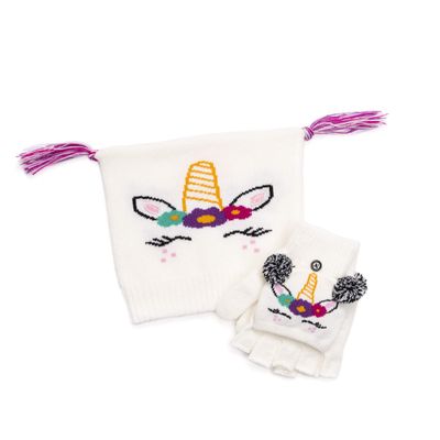 MUK LUKS Little Kid's Zoo Baby Hat and Flip Mitten Set, Ivory, OSFM