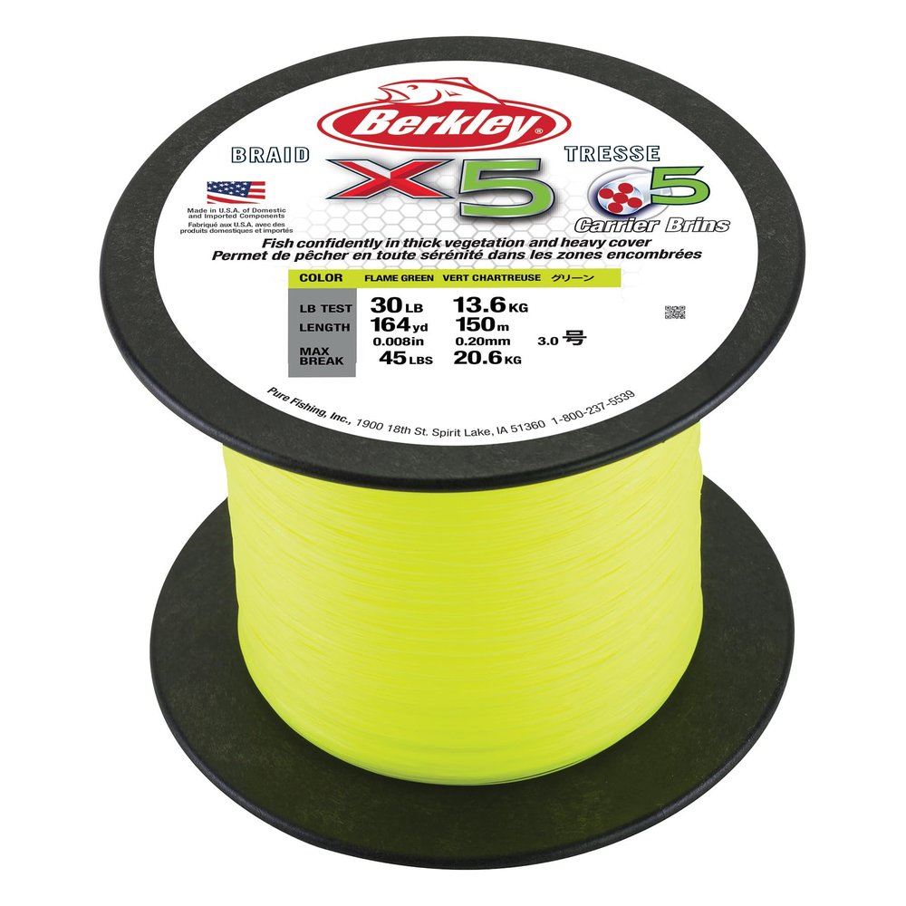 Berkley Jordan Lee x5 Braid Superline, Flame Green, 65-Pound Break Strength, 2188yd Fishing Line, Suitable for Freshwater Environments