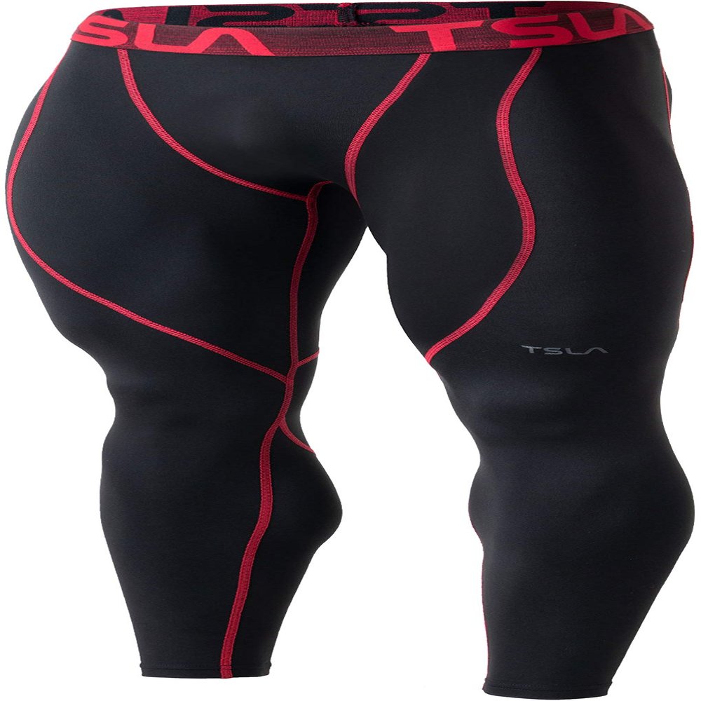 TSLA Men's Thermal Compression Pants, Athletic Sports Leggings & Running Tights, Wintergear Base Layer Bottoms, Heatlock Black & Red, X-Small