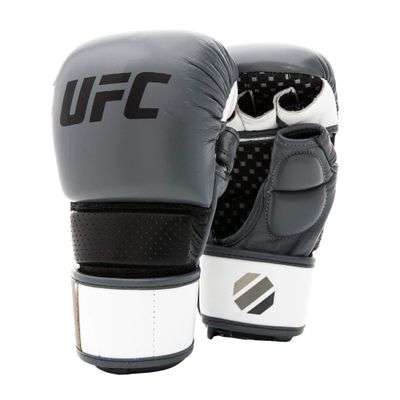 UFC Pro Stand-Up MMA Sparring Gloves  Versatile Hybrid Design for Grappling, Striking, and Safe Sparring with Premium Leather Construction (SM/MED, Gray)