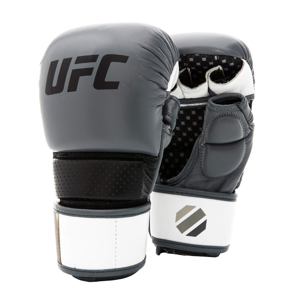UFC Pro Stand-Up MMA Sparring Gloves  Versatile Hybrid Design for Grappling, Striking, and Safe Sparring with Premium Leather Construction (SM/MED, Gray)