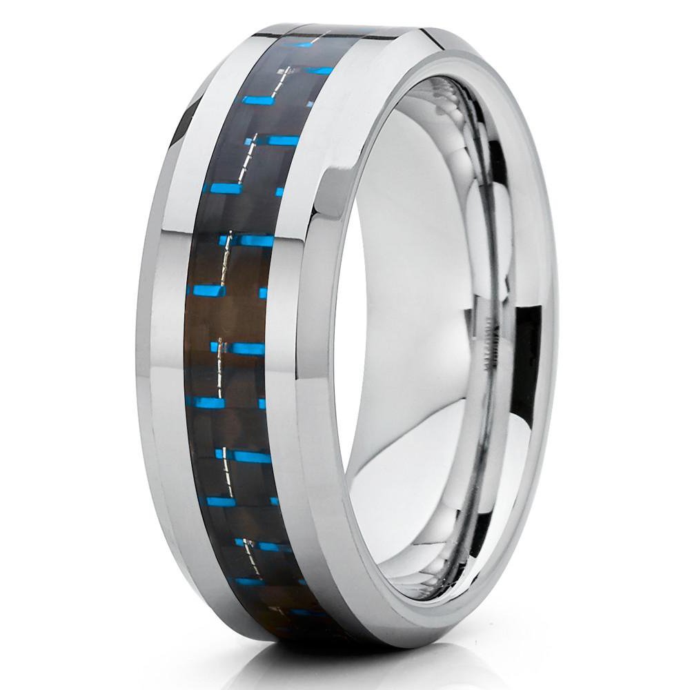 8mm Polished Silver Tungsten Carbide Wedding Band Blue Carbon Fiber Mens Comfort Fit Ring 10 (5.5)