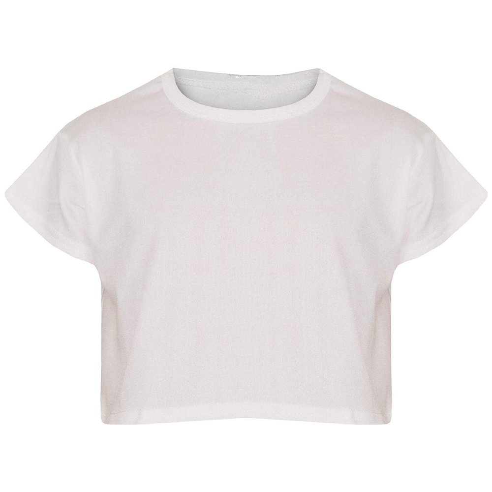 Loxdonz Girls Basic Dance Crop Top Kids Plain Short Sleeve Crop T-Shirt Tees Top (11-12 Years, White)