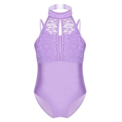 Freebily Girls Strapy Leotard with Lace Turtle Neck Overlay Tank Tops for Contemporary Ballet Gymnastic Dancing Work Out Lavender 4
