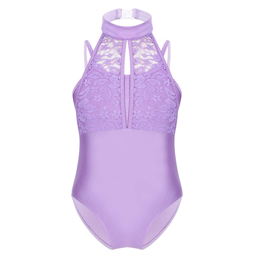 Freebily Girls Strapy Leotard with Lace Turtle Neck Overlay Tank Tops for Contemporary Ballet Gymnastic Dancing Work Out Lavender 4