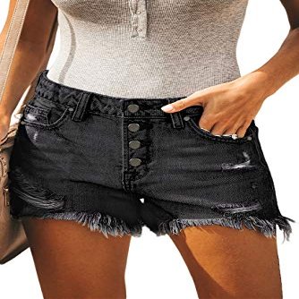 onlypuff Black Women's Mid Rise Shorts Frayed Raw Hem Ripped Denim Jean Shorts L