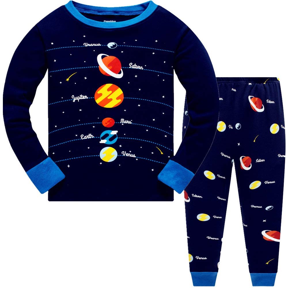 Popshion Boys Planet Pajamas 100% Cotton Pjs Toddler 2 Piece Long Sleeve Sleepwear Kids Clothes Pj Set Space Shirt 8t