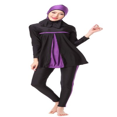 D C.Supernice Modest Swimwear Ladies Two Pieces Muslim Swimming Costume Burkini Conservative Swimsuit with Cap Purple