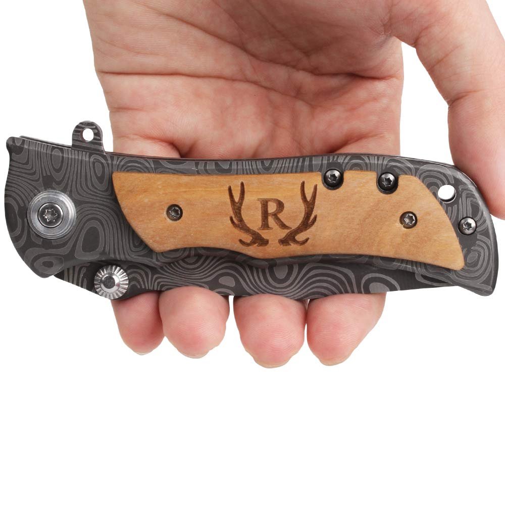 Fanfoobi Laser Engraved Pocket Knife with monogrammed R(from Alphabet 26 A-Z),Anniversary Present for Men, Present for Men, Boyfriend, Husband Birthday, Fathers Day, Christmas