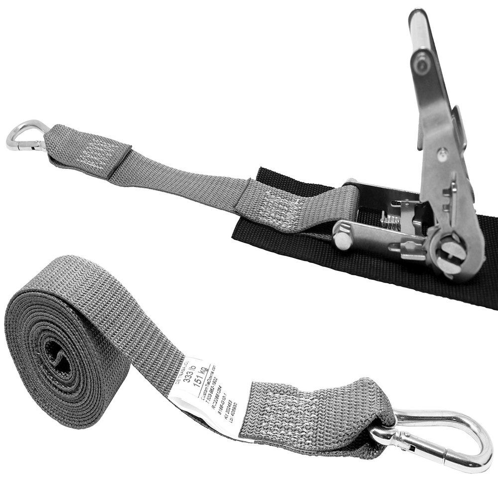 CustomTieDowns 1.5 Inch x 10 Foot Stainless Steel Ratchet Strap, Protective Pad Under Buckle, Stainless Steel Carabiner Clip with Grommet On Both Ends (not Removable). (Grey)