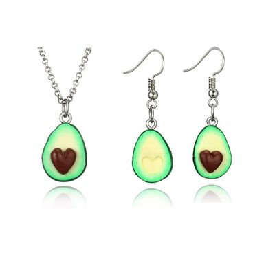 Caiyao Cute Avocado necklace earrings jewelry set Heart Shape Nucleus Fruit Funny Jewelry for Women Gifts (Heart Ncklace&Earrings)