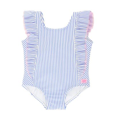 RuffleButts Baby/Toddler Girls Periwinkle Blue Seersucker Waterfall One Piece - 18-24m
