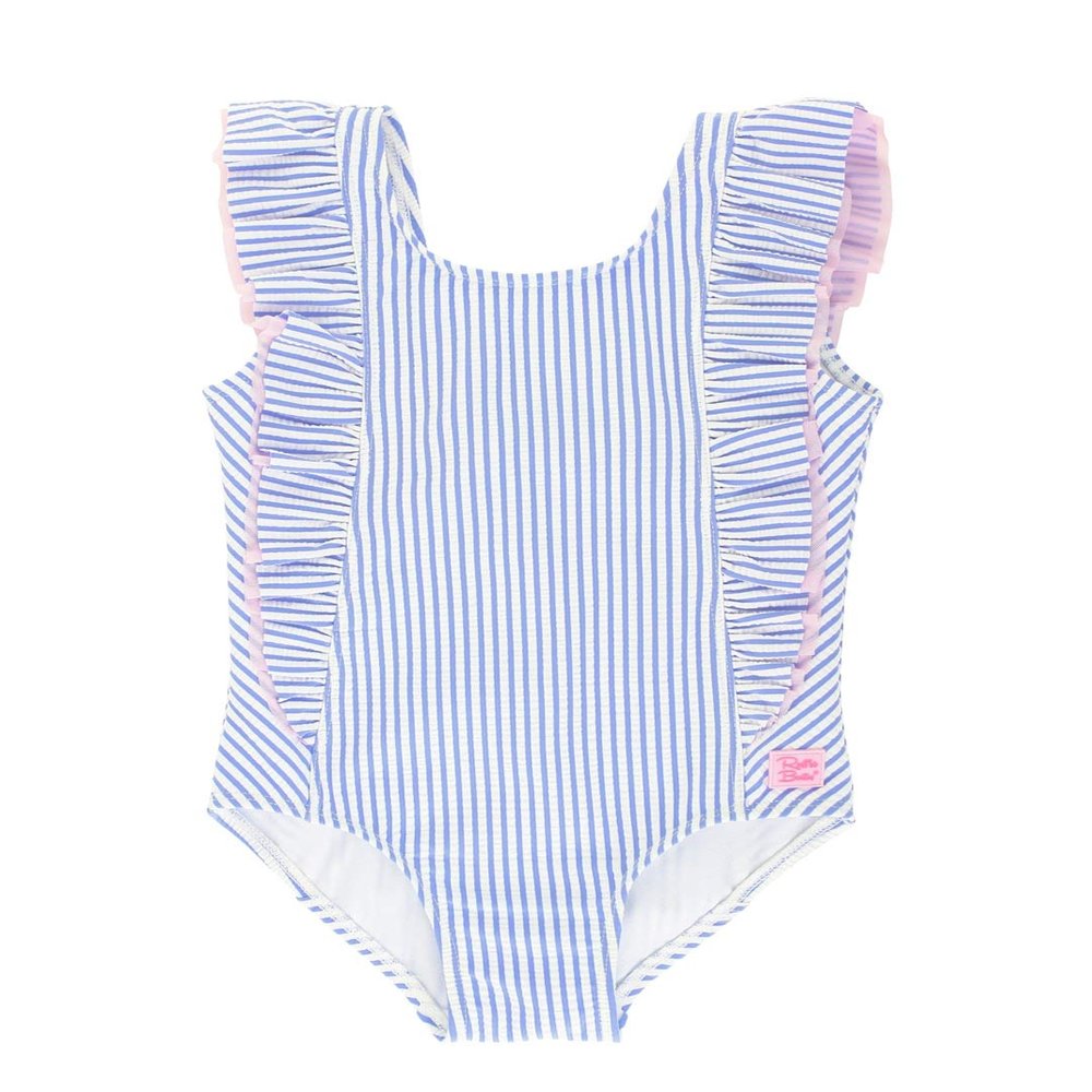 RuffleButts Baby/Toddler Girls Periwinkle Blue Seersucker Waterfall One Piece - 18-24m