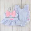 RuffleButts Baby/Toddler Girls Periwinkle Blue Seersucker Waterfall One Piece - 18-24m view 2