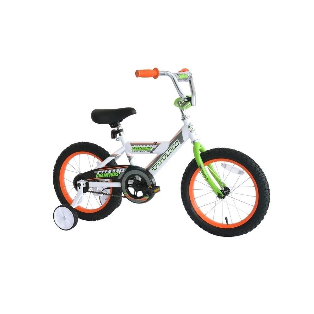 TITAN Champion Deluxe 16-Inch Boys BMX Bike White Kids Bicycle with Training Wheels, Coaster Brake, Handlebar Pads, Adjustable Seat & Handlebars Ages 59 Steel Frame