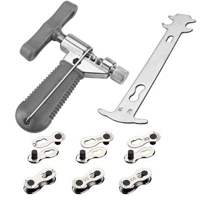 Bicycle Chain Tool Kit, 6 Pairs Bike Missing Link + Bicycle Chain Breaker + Chain Wear Gauge|Qkurt Bike Cycling Chains Mechanic Repair Tool Set for 6/7/8/9/10 Speed Chains Link Repair, Gray