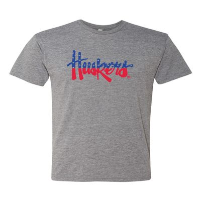 CornBorn Nebraska Tee Shirt - Premium Tri-Blend Red White and Blue Script Huskers - Premium Heather - Medium