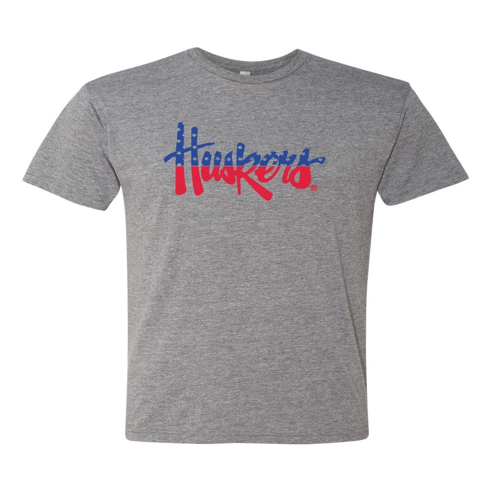 CornBorn Nebraska Tee Shirt - Premium Tri-Blend Red White and Blue Script Huskers - Premium Heather - Medium