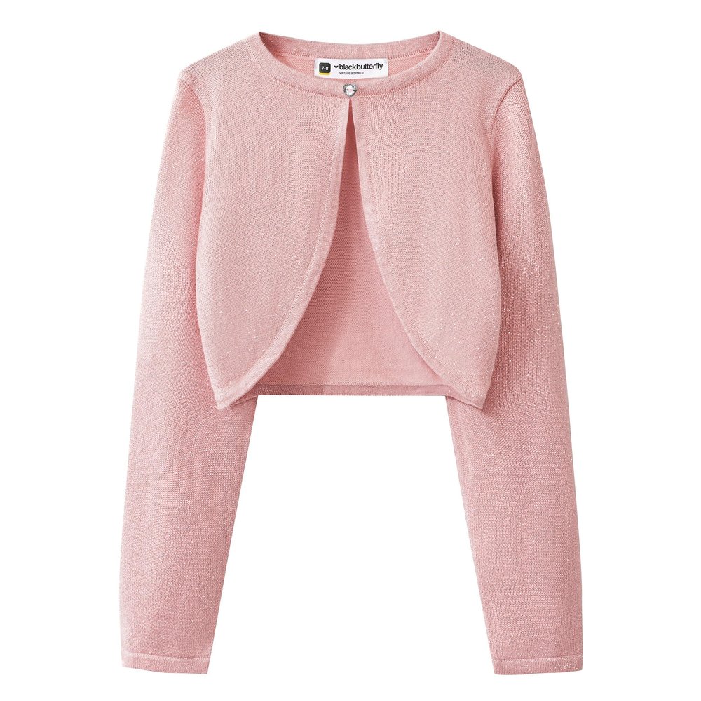 BlackButterfly Kids Long Sleeve Sparkle Cardigan Childrens Girls Bolero Shrug (Baby Pink, 3-4 YRS)