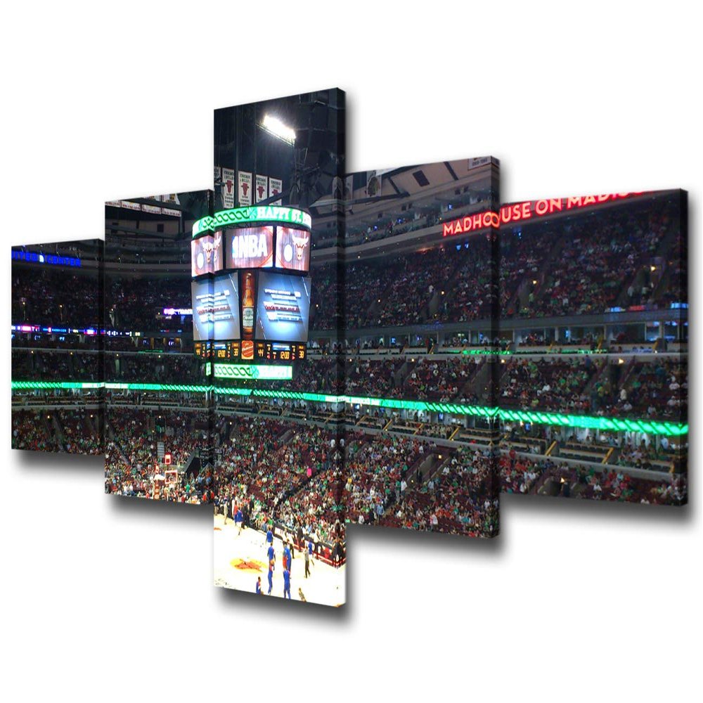 Sports Room Decorations Chicago United Center Stadium Paintings NBA - Chicago Bulls Pictures 5 Piece Canvas Wall Art Home Decor for Living Room Framed Gallery-wrapped Ready to Hang - 50''Wx24''H