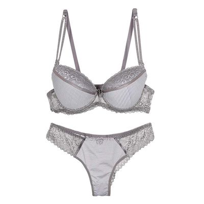 Swbreety Women's Stripes Lace Petite Size Bra and Thong Set Underwire Lingerie Grey