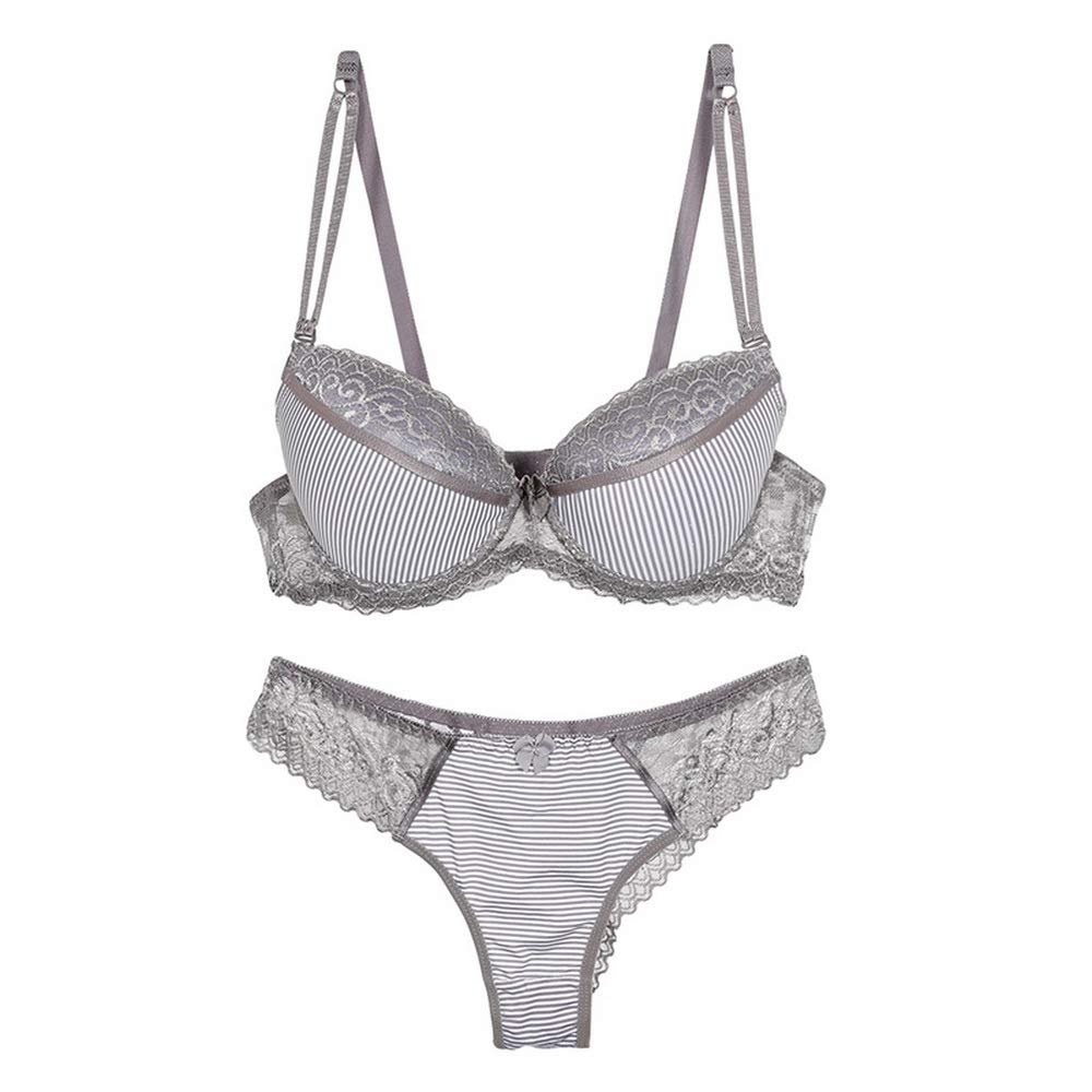 Swbreety Women's Stripes Lace Petite Size Bra and Thong Set Underwire Lingerie Grey