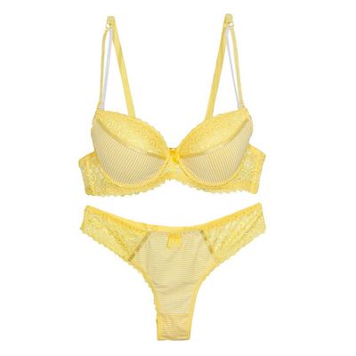 Swbreety Women Lace Bra and Panty Set Stripes Lingerie Set Bowknot Underwire Bras Yellow