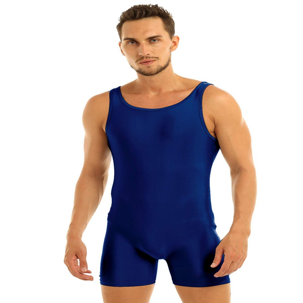 JEATHA Men's One Piece Sleeveless Tank Leotard Slim Fit Vest Bodysuit Stretchy Underwear Sportswear Navy Blue X-Large
