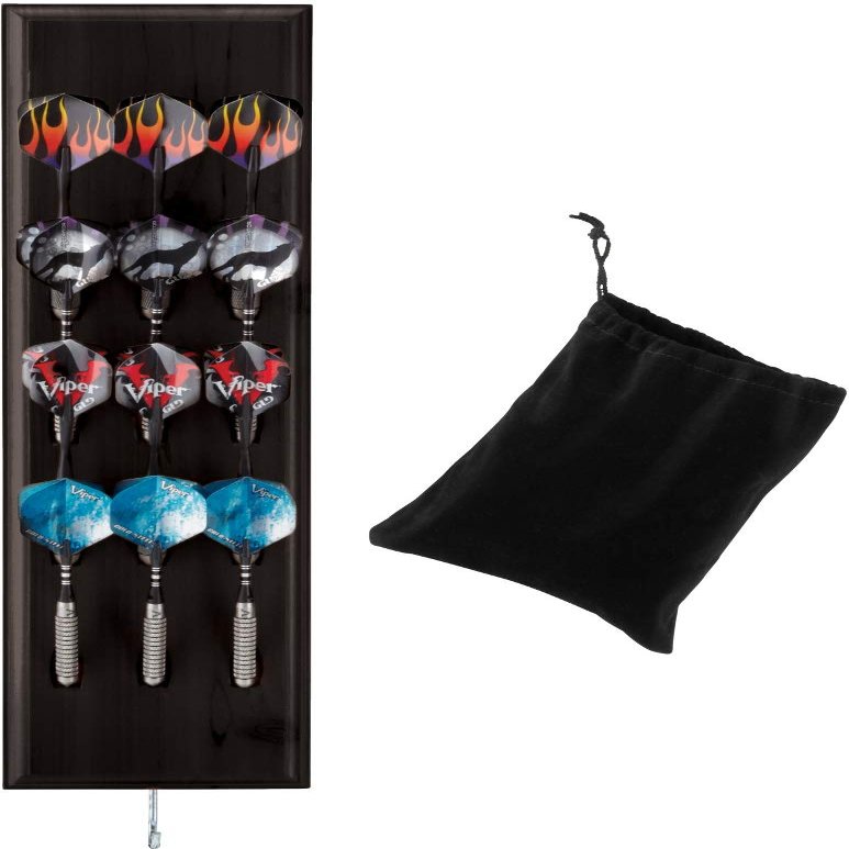 Viper Dart Caddy Solid Wood Wall Mounted Dart Holder/Stand, Displays 4 Sets of Steel or Soft Tip Darts, for All Sisal & Electronic Dartboards, Surrounds & Cabinets, Black Finish