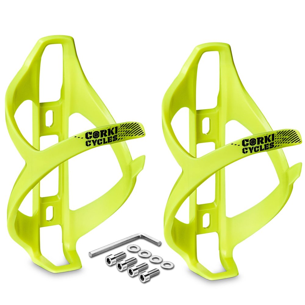 Corki Cycles Bike Water Bottle Holder Right Side Load Water Bottle Cage for Road, MTB, Gravel Bicycles Yellow 2 Pack