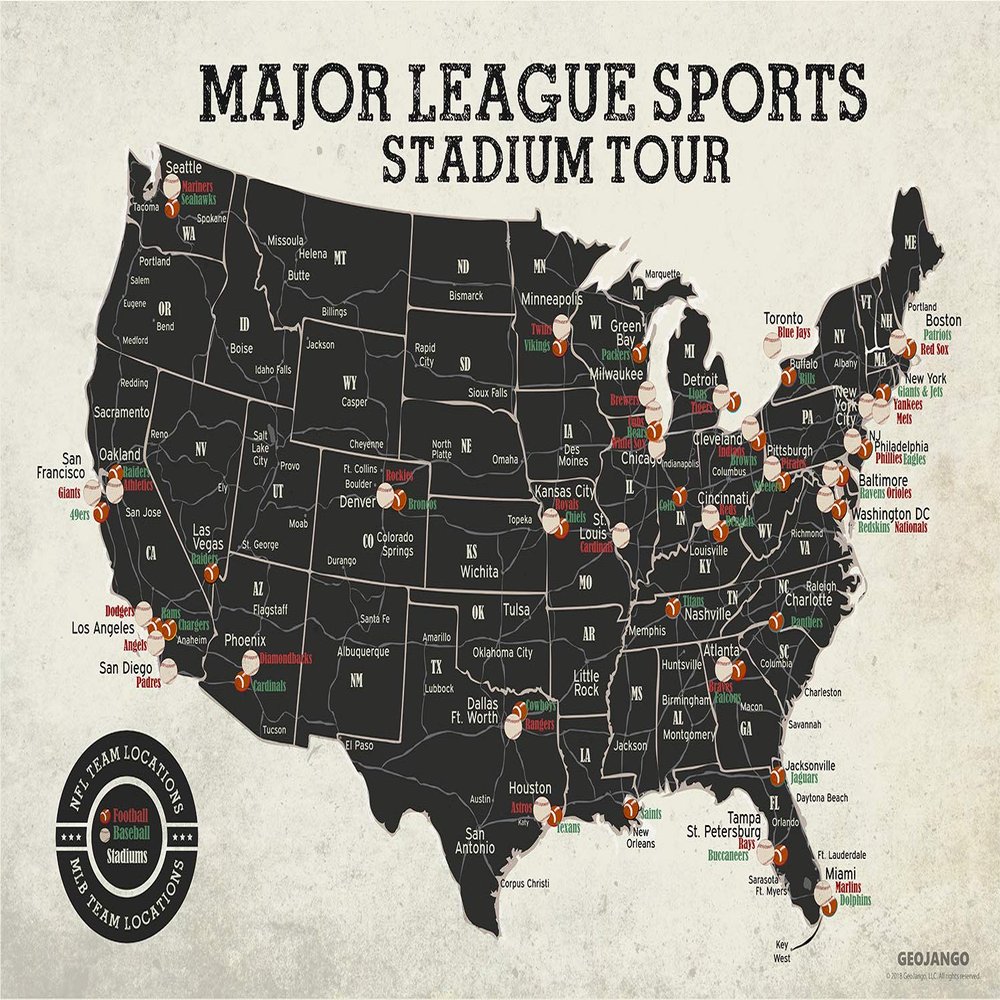 GeoJango Football & Baseball Stadium Map Poster - Vintage Edition (30Wx20H inches)
