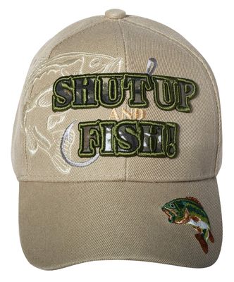 Artisan Owl Shut Up and Fish! Embroidered Fishing Cap - Adjustable Hook and Loop Closure (Khaki)