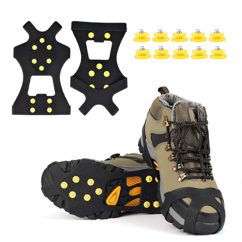 EONPOW Ice Grips, Ice & Snow Grips Cleat Over Shoe/Boot Traction Cleat Rubber Spikes Anti Slip 10 Steel Studs Crampons Slip-on Stretch Footwear (Size S)