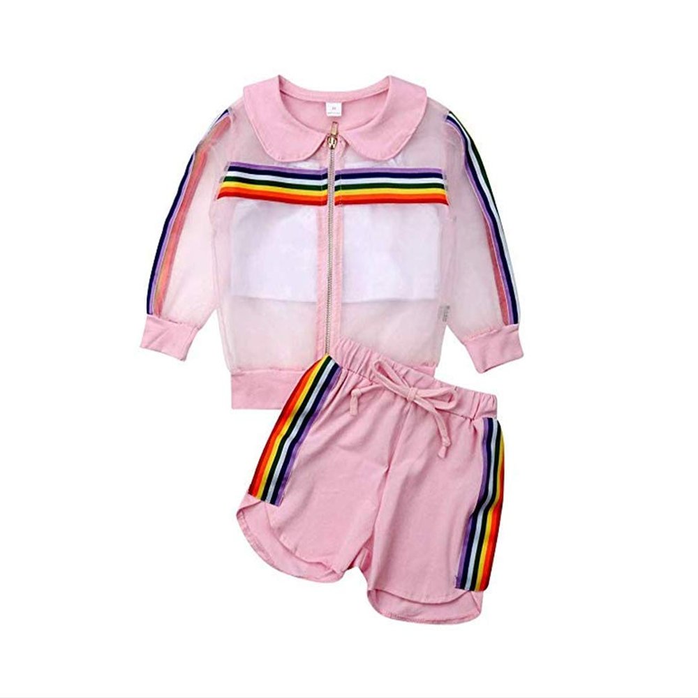 1-6T Toddler Girls Shorts Set 3pcs Summer Clothes Baby Cropped Vest Top + Long Sleeve Mesh Zipper Jacket (Pink, 4-5 Years)